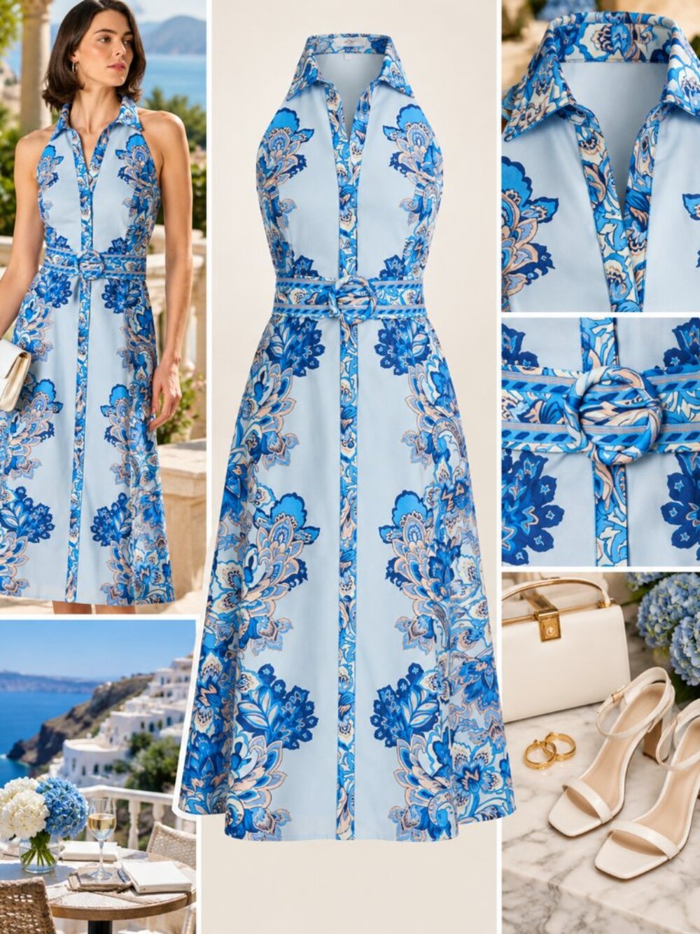 Adrianna Papell Blue Paisley Floral Halter Belted Midi Dress Size 6 NWT